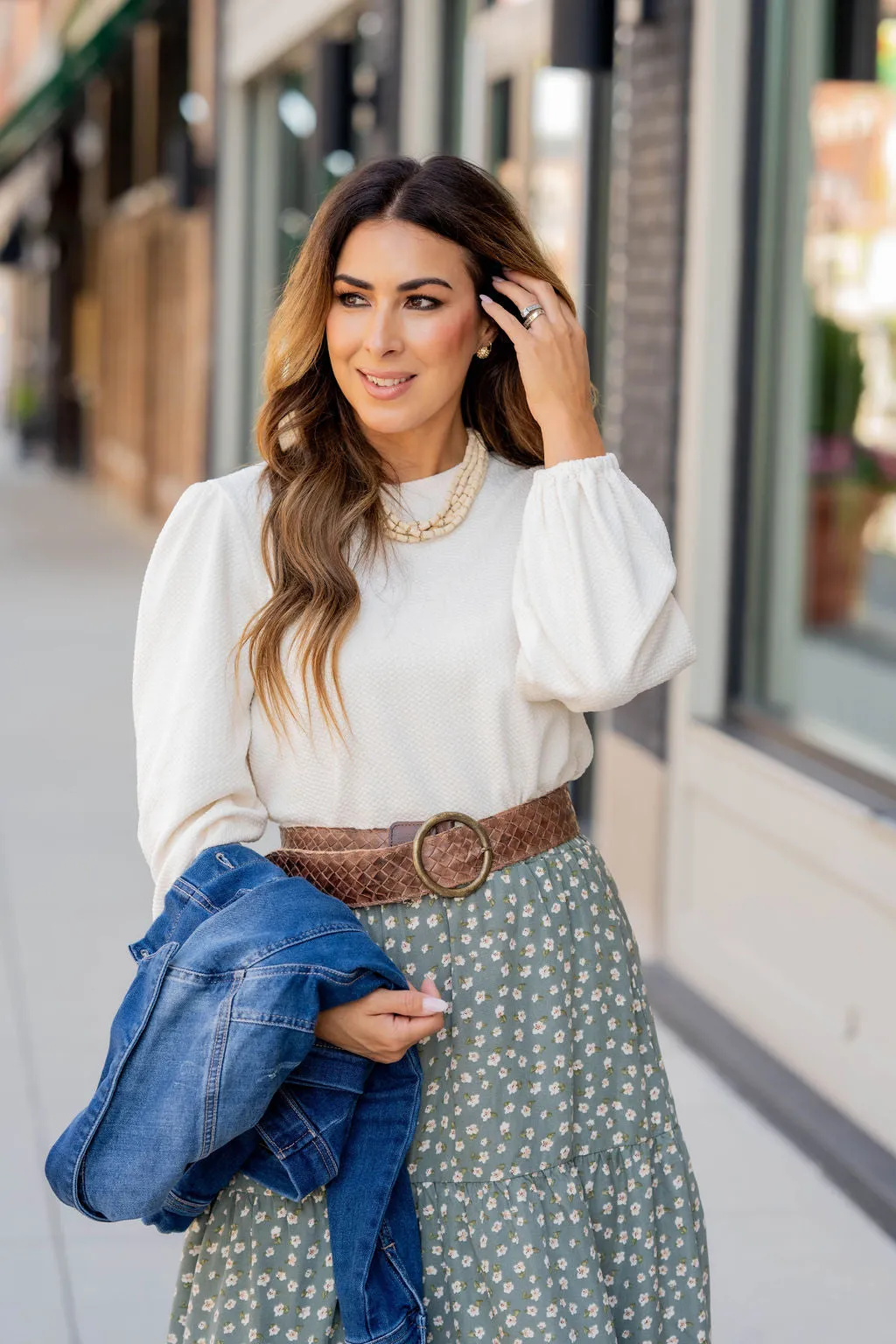 Bold Textured Cinched Sleeve Blouse