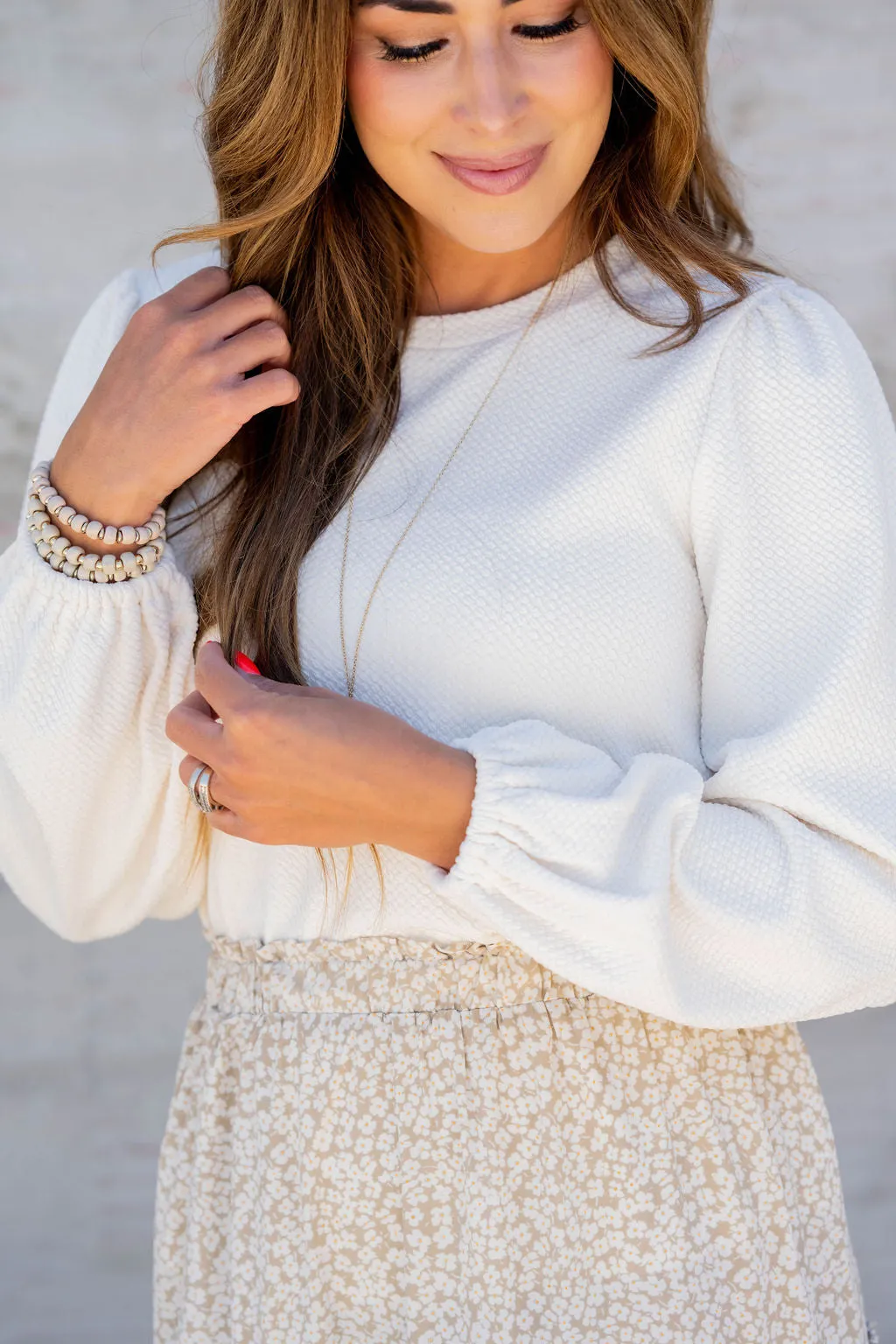 Bold Textured Cinched Sleeve Blouse