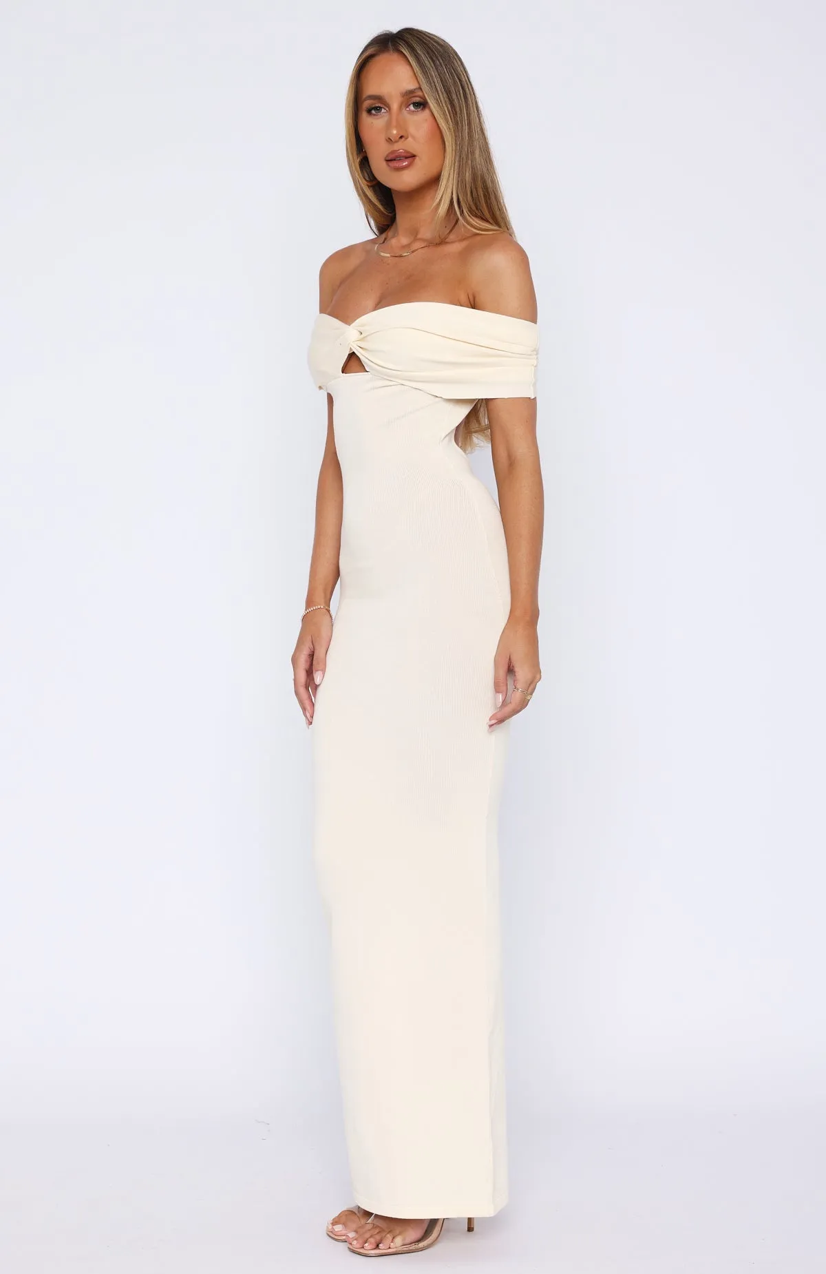 Book The Tickets Off Shoulder Maxi Dress Off White