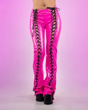 Bound To Me Hot Pink and Black Stretch PVC Lace-Up Flared Pant