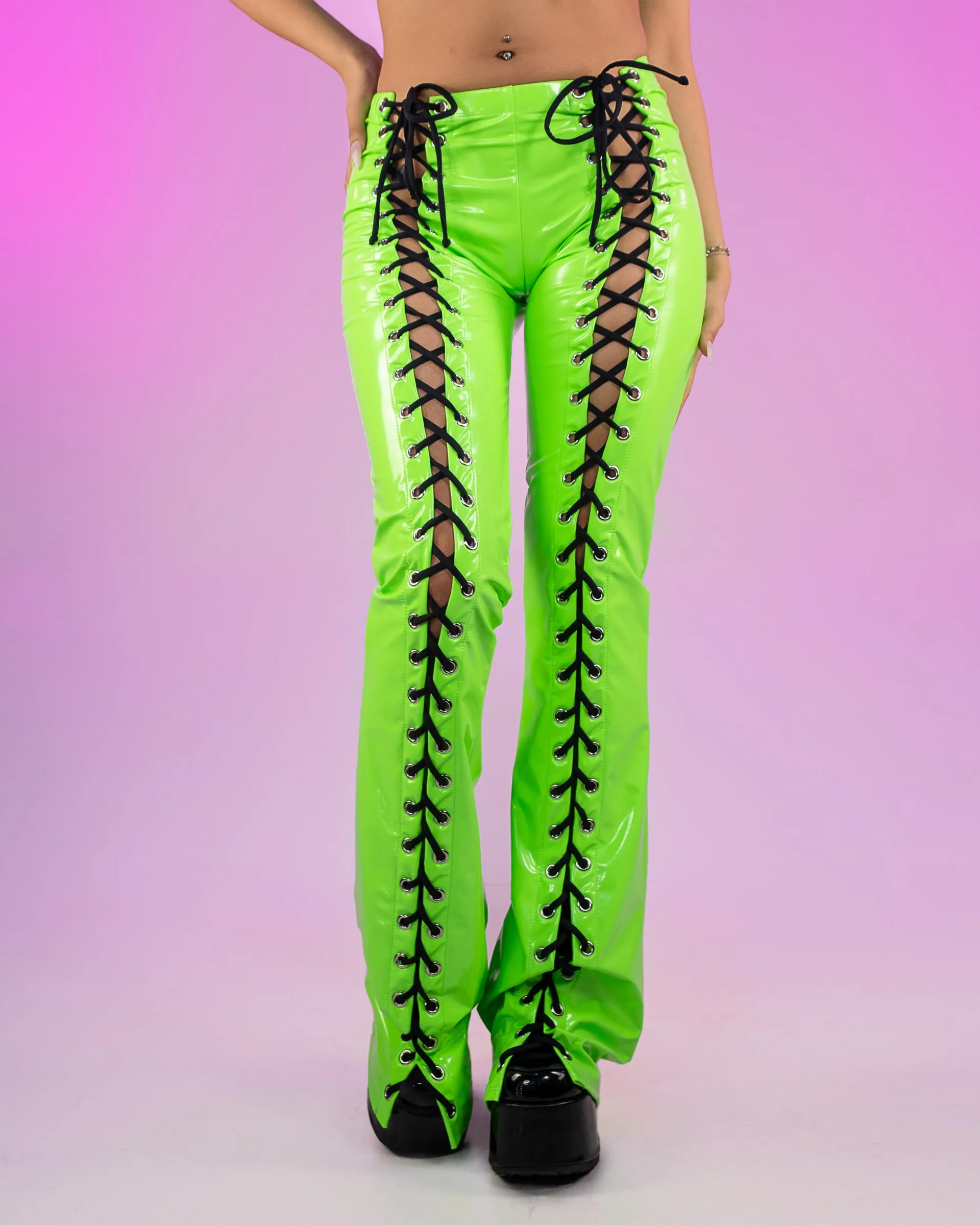 Bound To Me Neon Lime and Black Stretch PVC Lace-Up Flared Pant