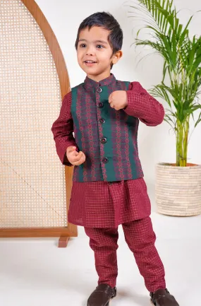 Boy Jacquard Multi 3 Pc Bundi Set - Maroon