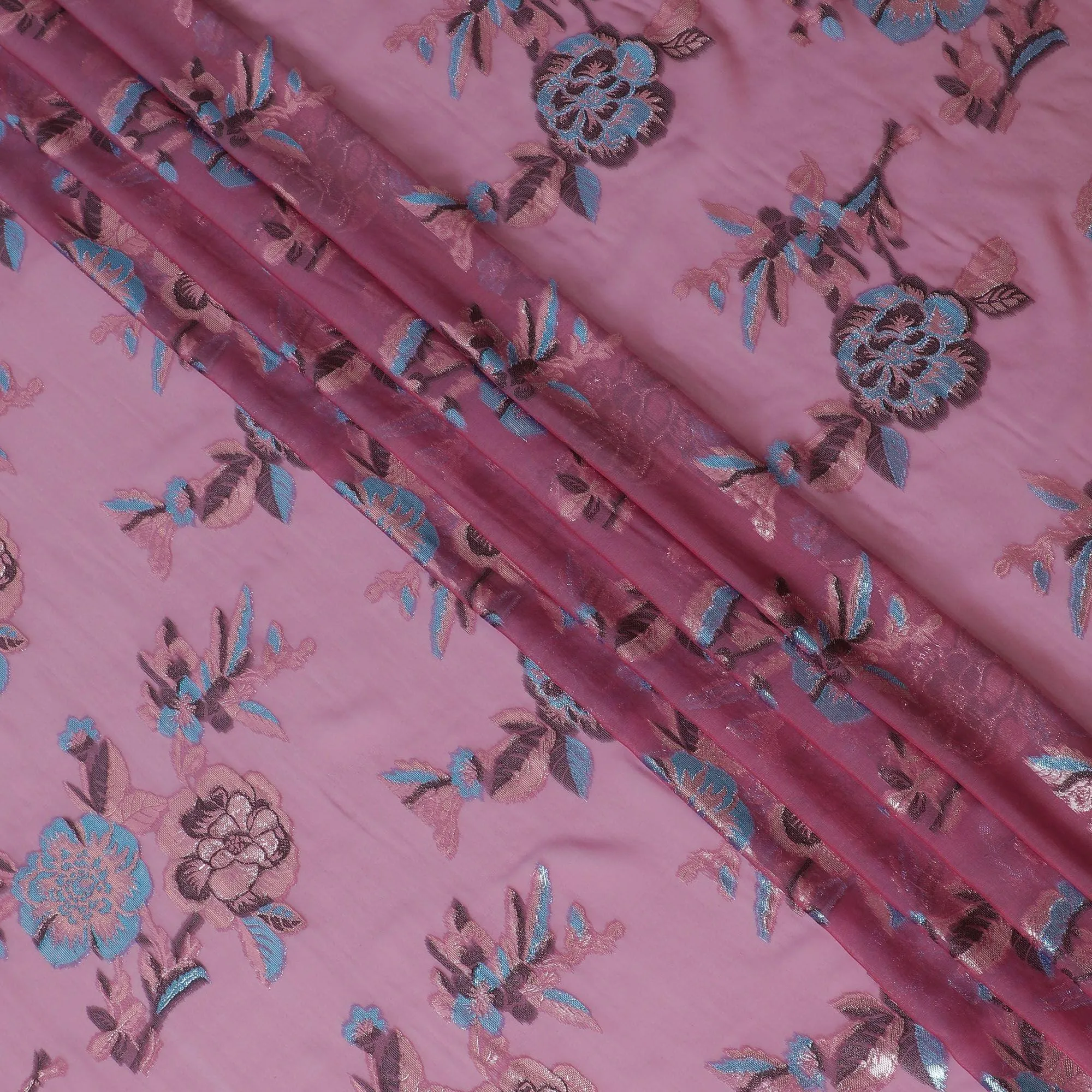 Brick pink premium pure silk chiffon fabric with copper and blue metallic lurex in floral design-D13729