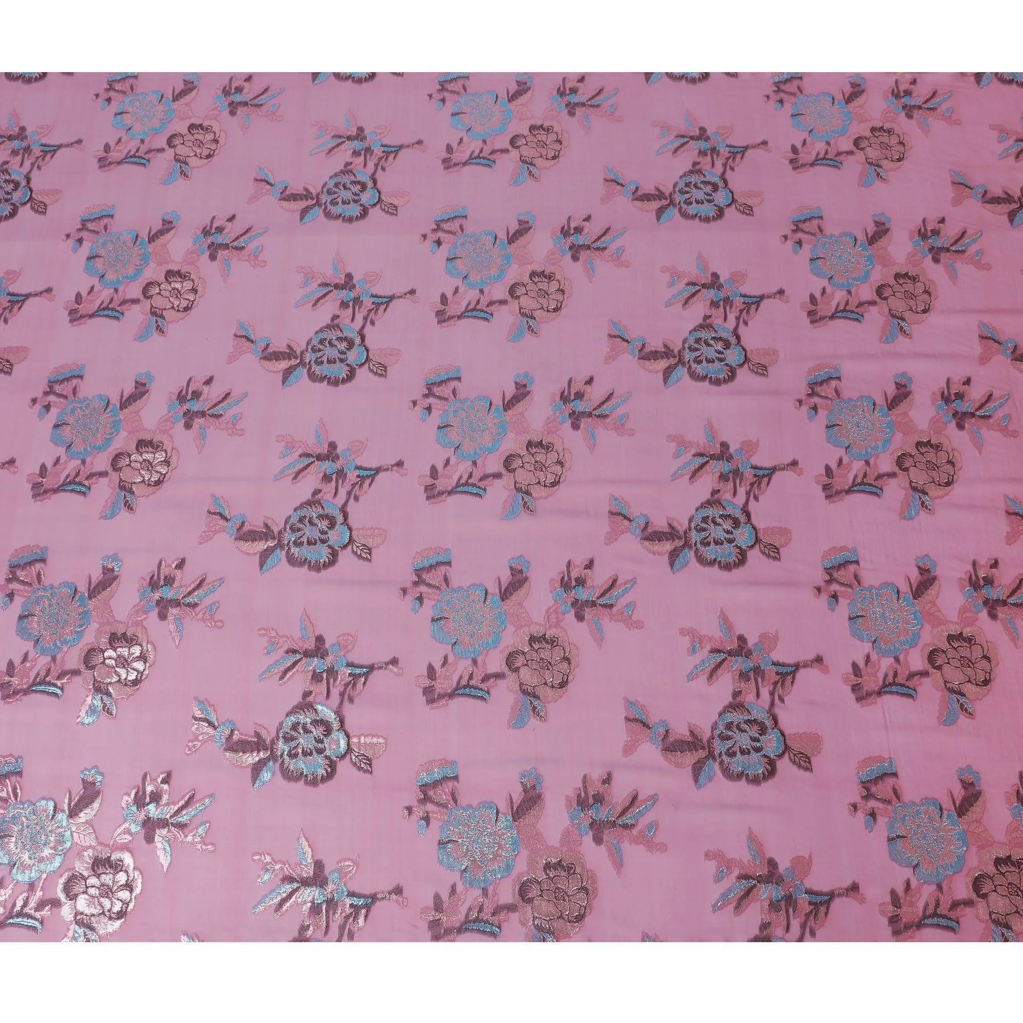 Brick pink premium pure silk chiffon fabric with copper and blue metallic lurex in floral design-D13729