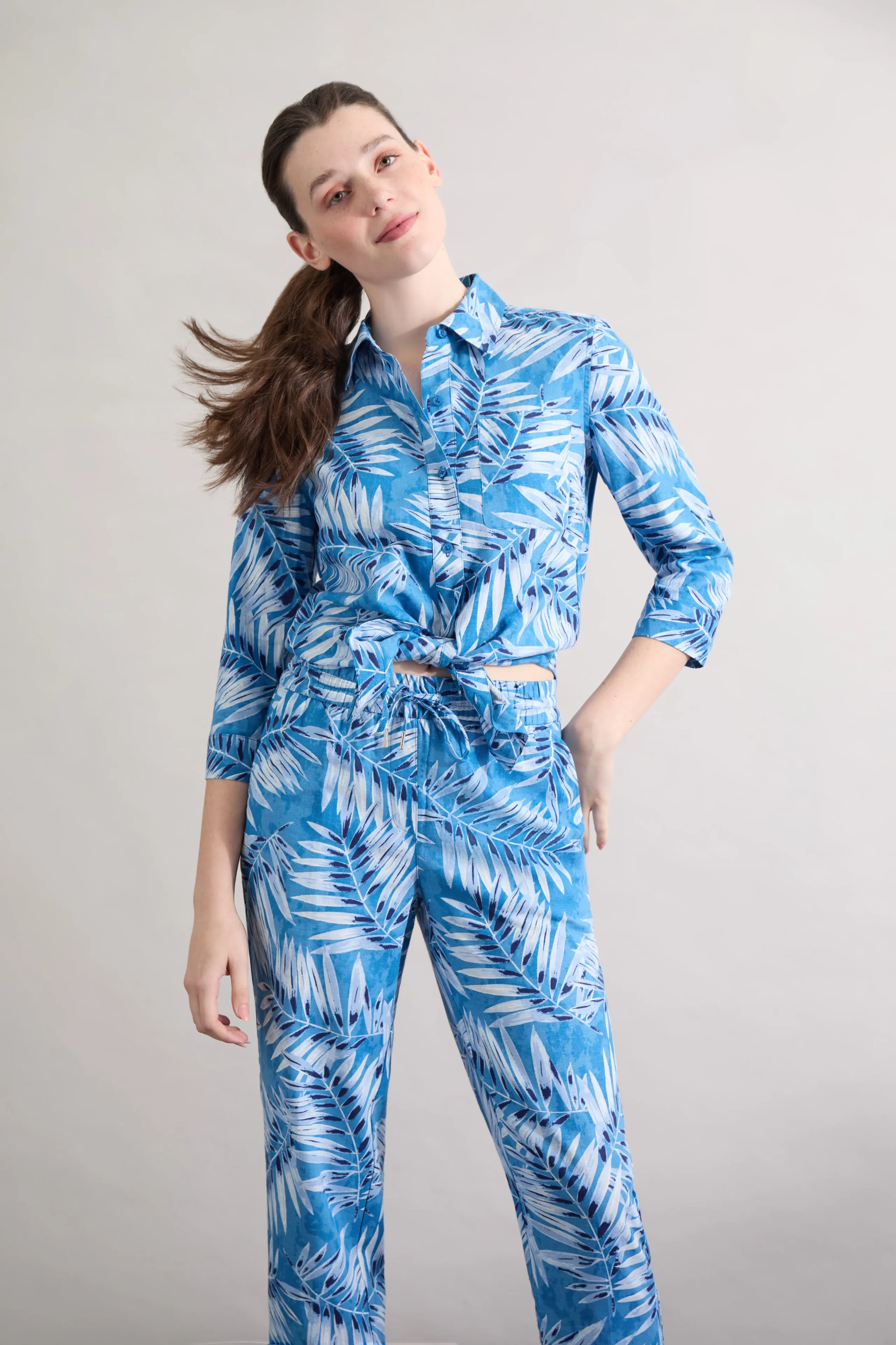 Button Front Tropical Shirt, Printed Linen