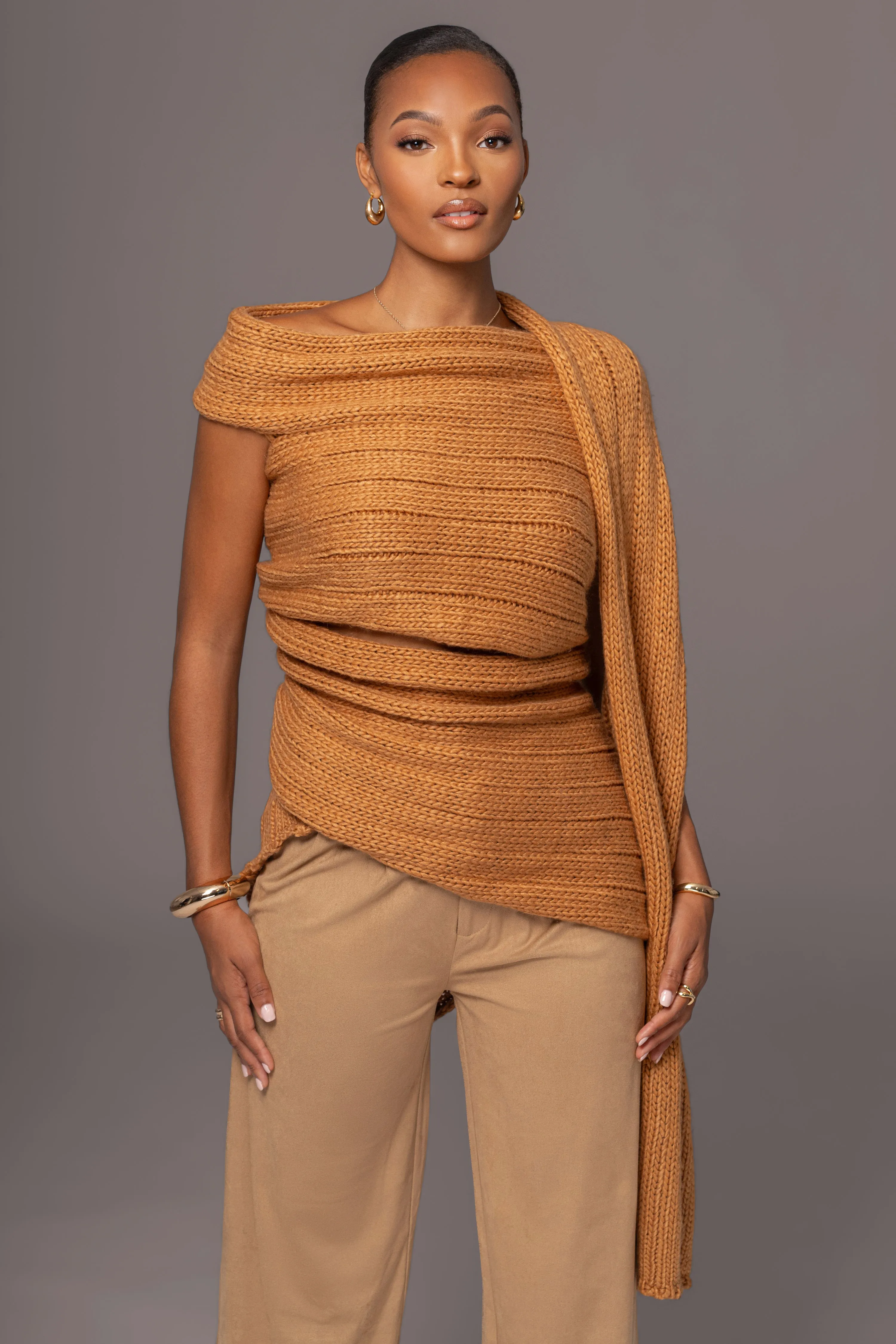 Camel Soft Life Cable Knit Sweater Top