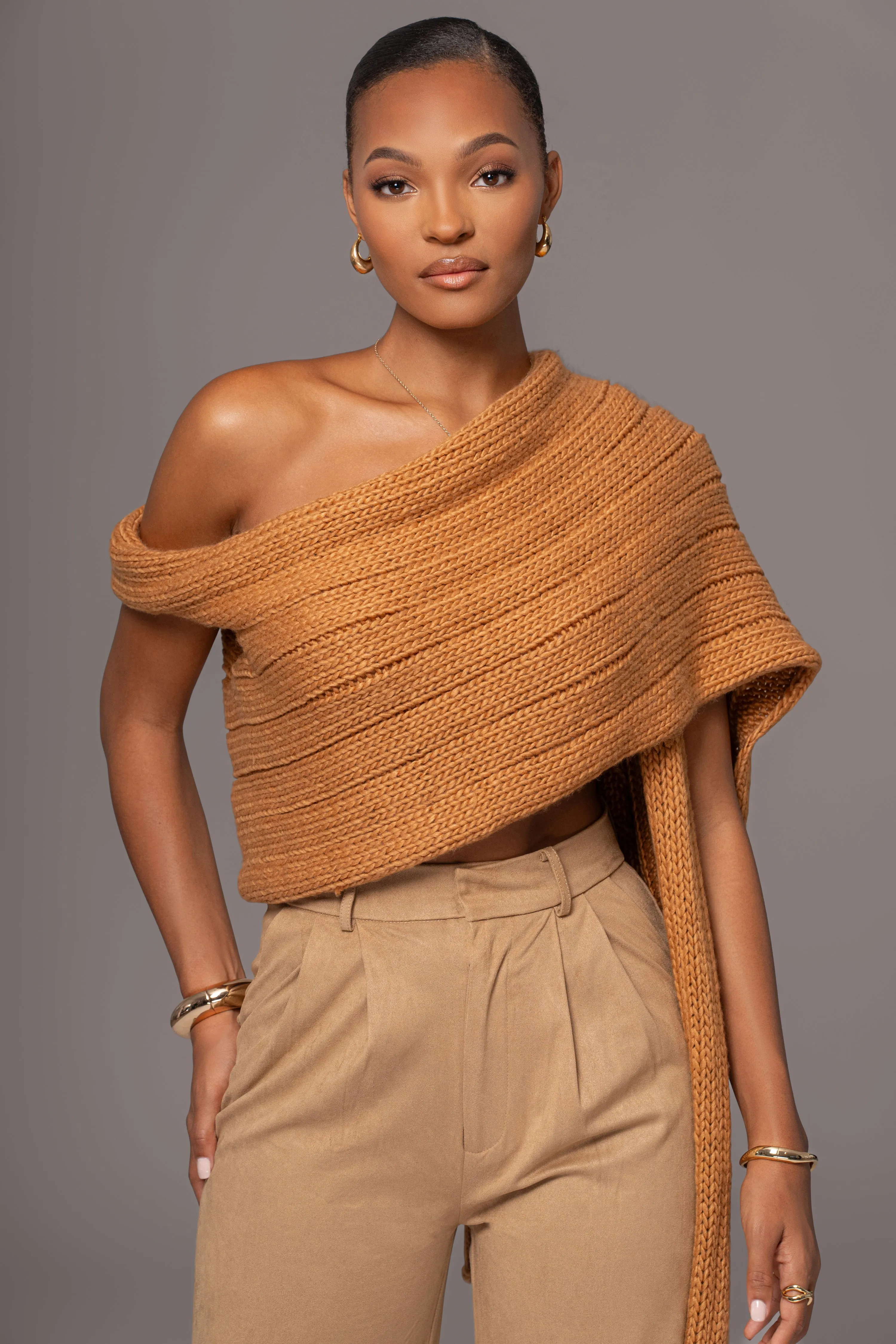 Camel Soft Life Cable Knit Sweater Top