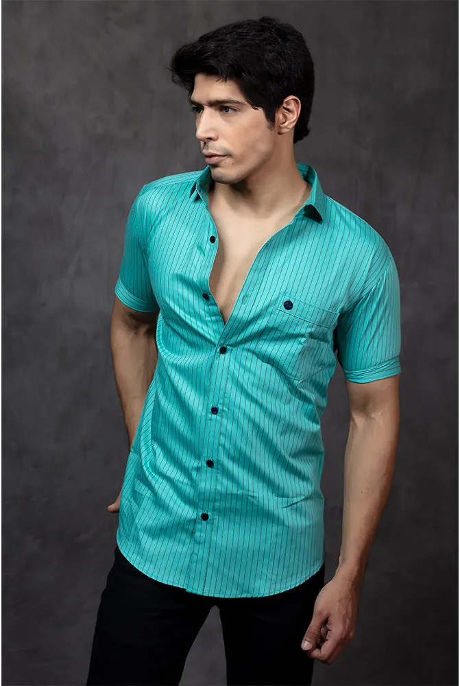 Casual Half Sleeve Shirts - Men Casual Mint Green Lining Shirt