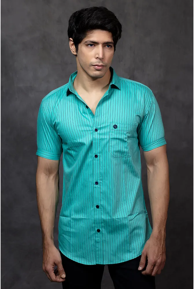 Casual Half Sleeve Shirts - Men Casual Mint Green Lining Shirt