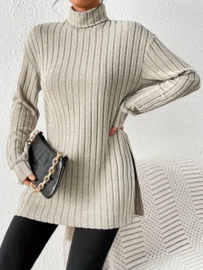 Chic Ribbed Turtleneck and Split Sleeve Womens Tshirt