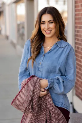 Cinched Sleeve Denim Blouse