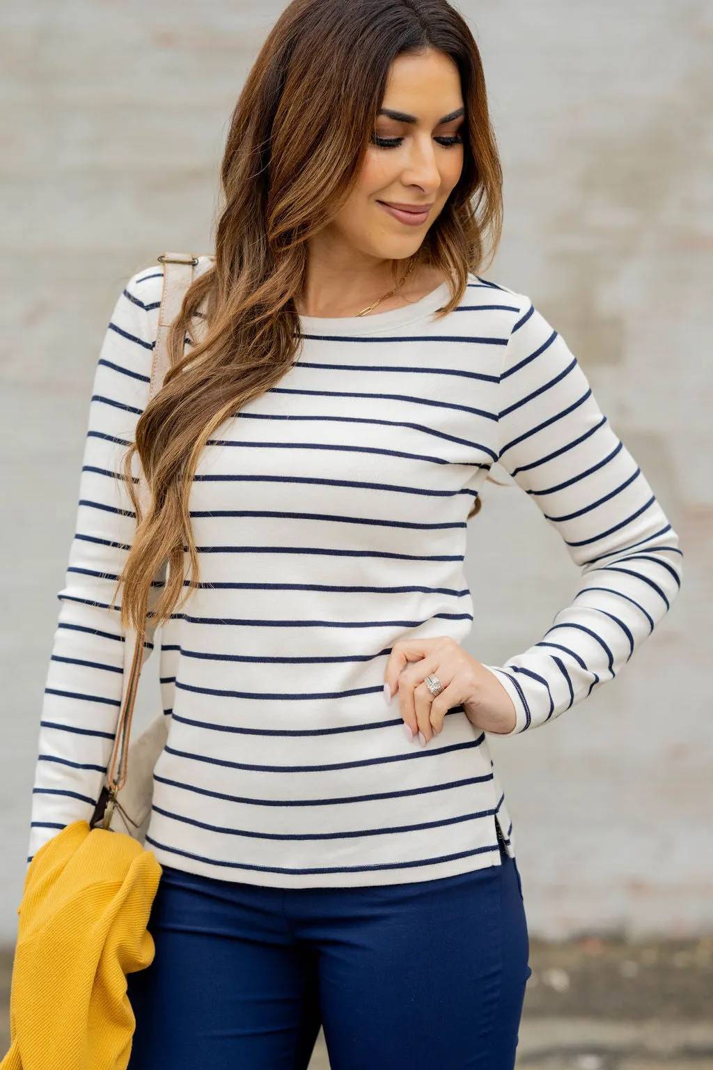 Classic Striped Side Slit Long Sleeve Tee