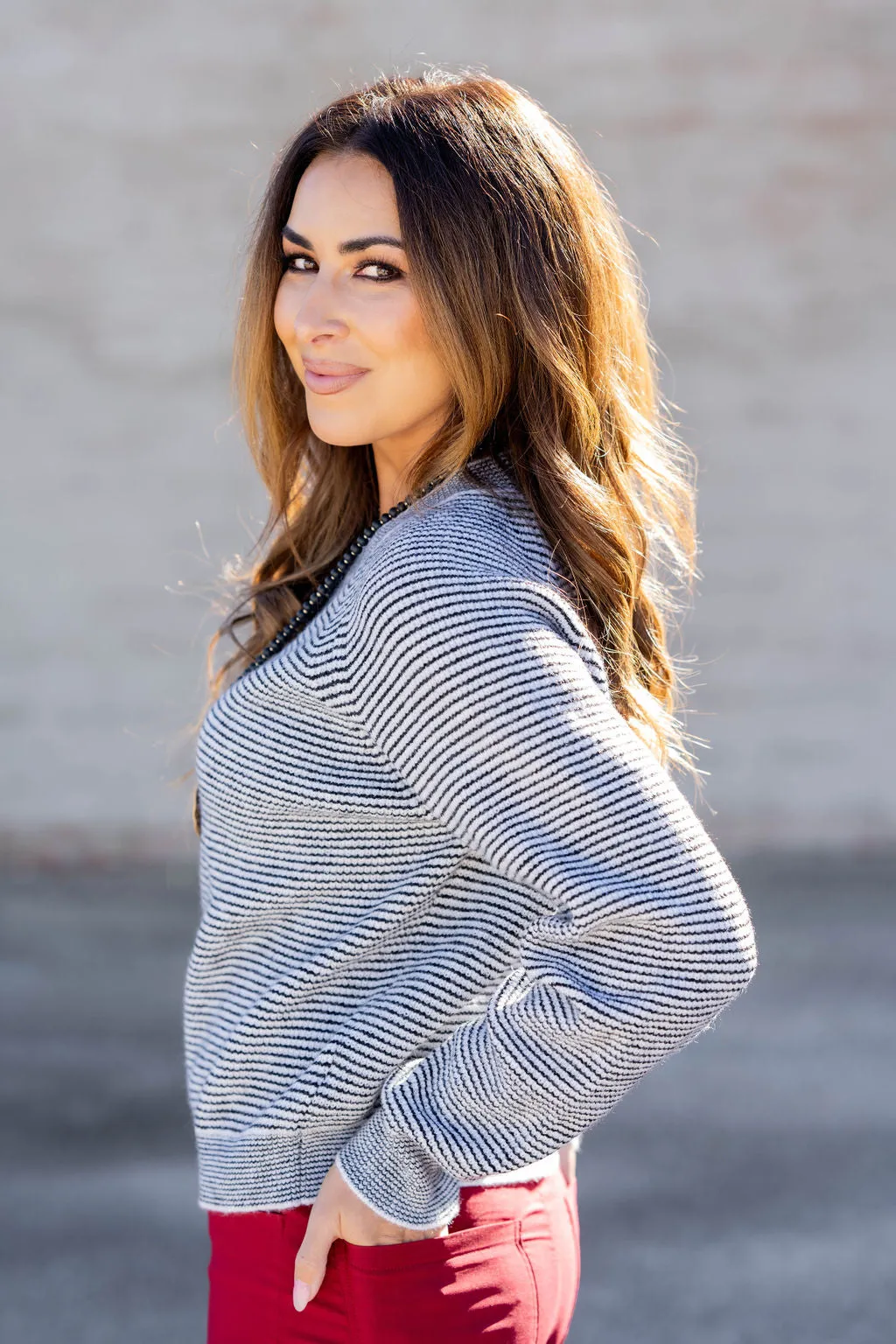 Contrasting Striped Trim Sweater