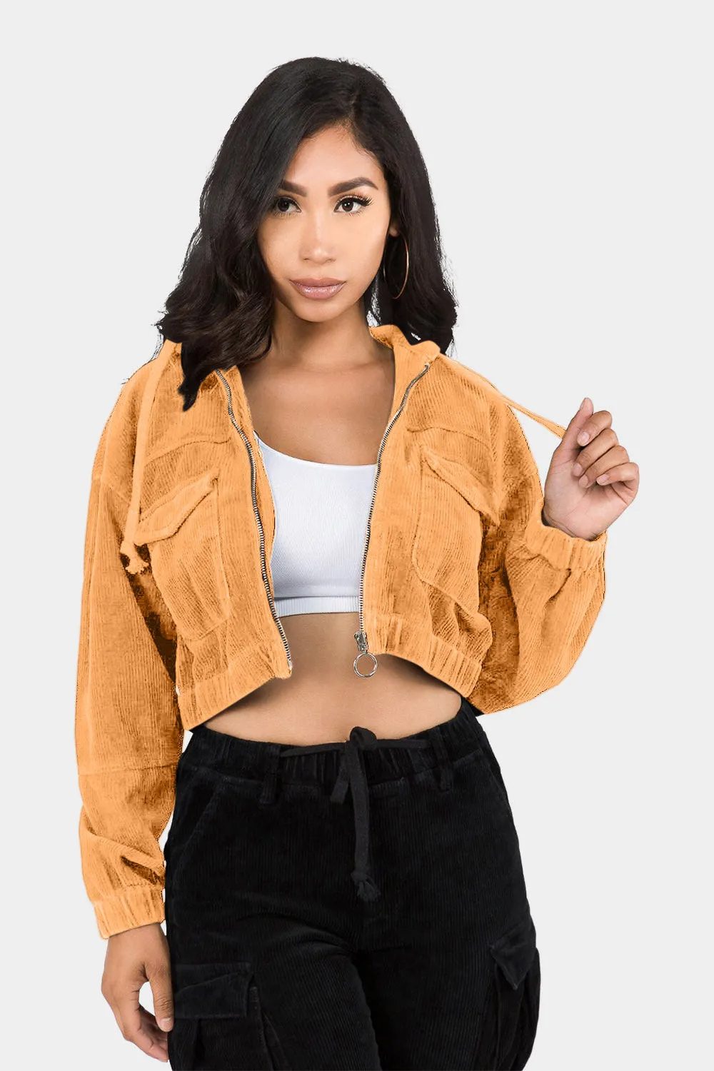 Corduroy Cropped Hoodie Jacket