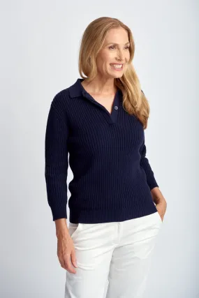 Cotton 3/4 Sleeve Collared Knit Navy