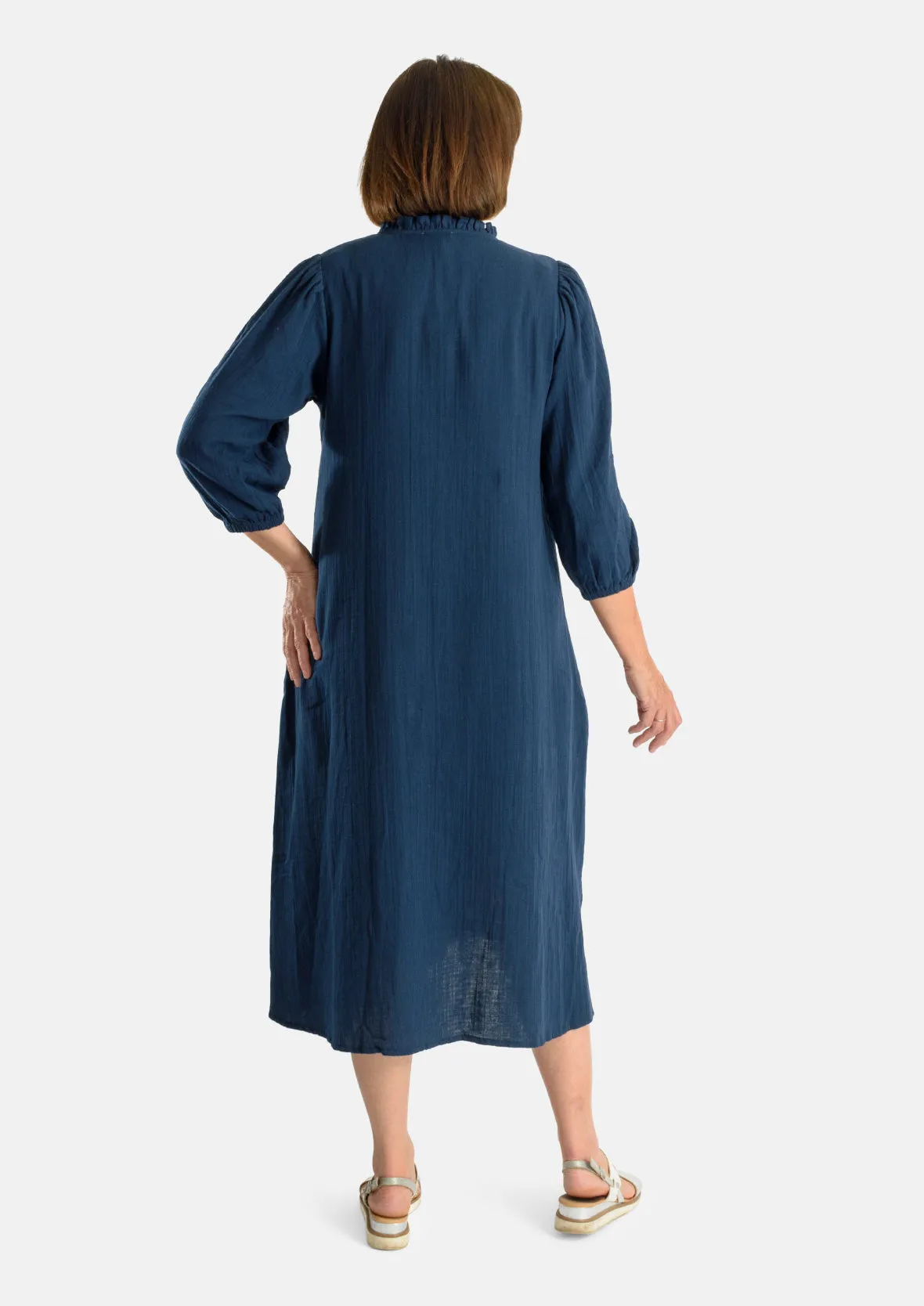 Cotton Embroidered Neck Midi Dress