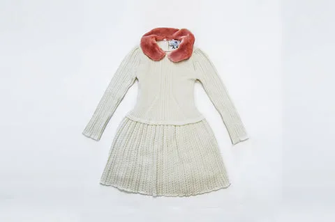 Cream Rachel Knit Dress Pink Faux Fur Collar