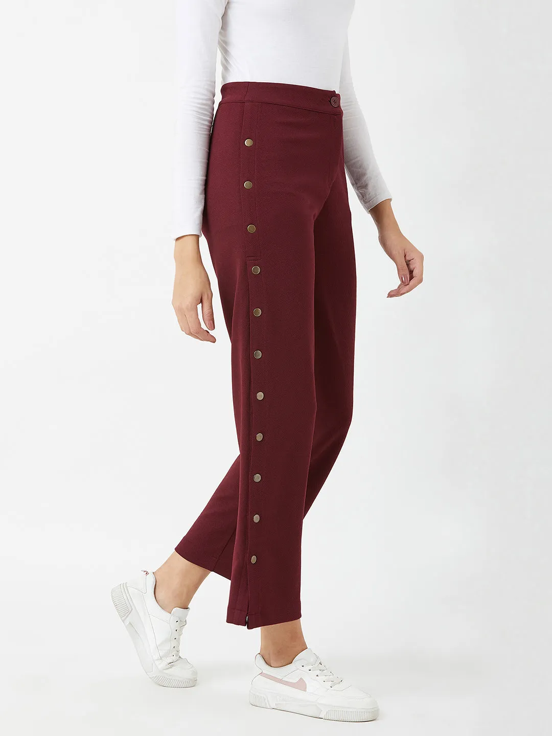 Crease Ease Women's Wine Red Solid Regular Fit Flared Parallel Trousers