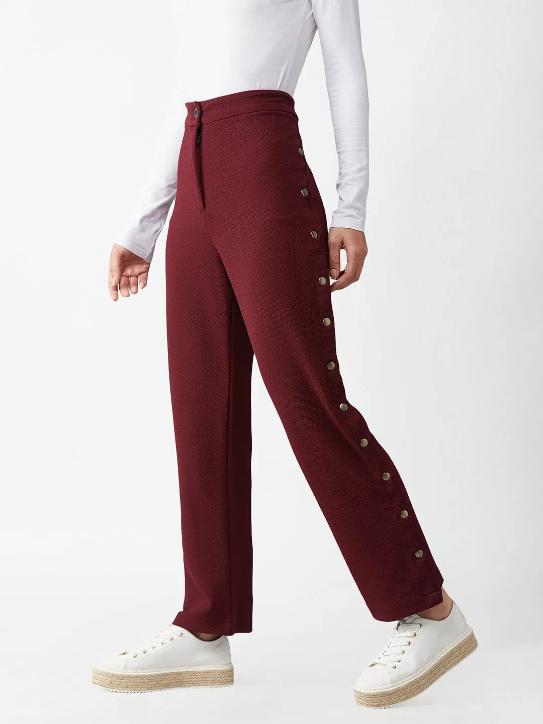 Crease Ease Women's Wine Red Solid Regular Fit Flared Parallel Trousers