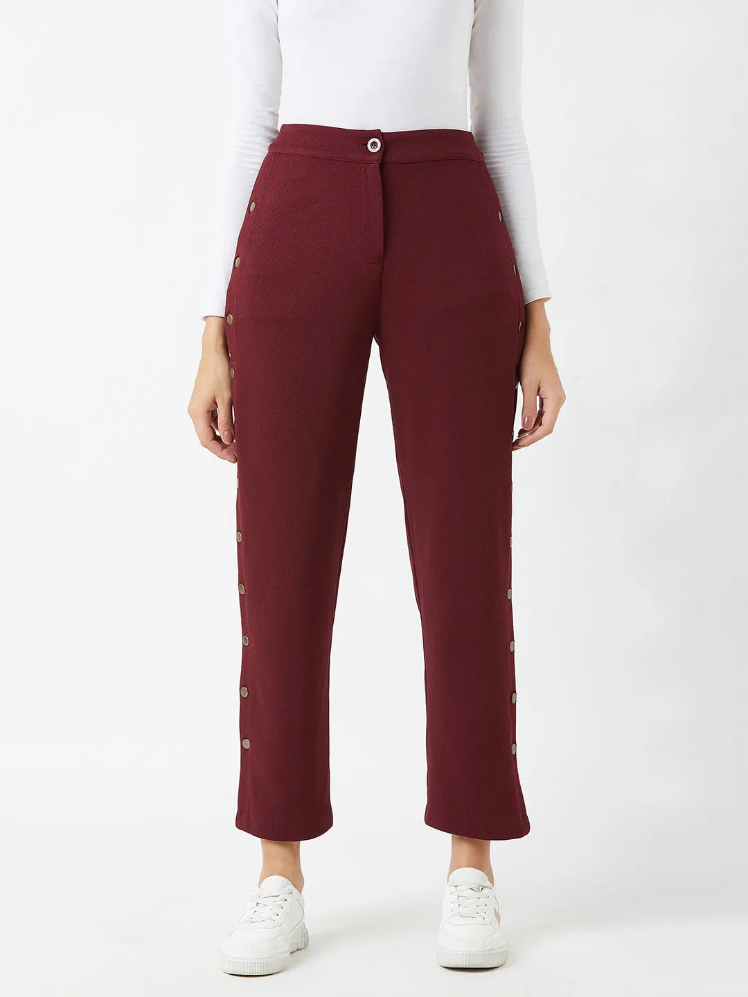 Crease Ease Women's Wine Red Solid Regular Fit Flared Parallel Trousers