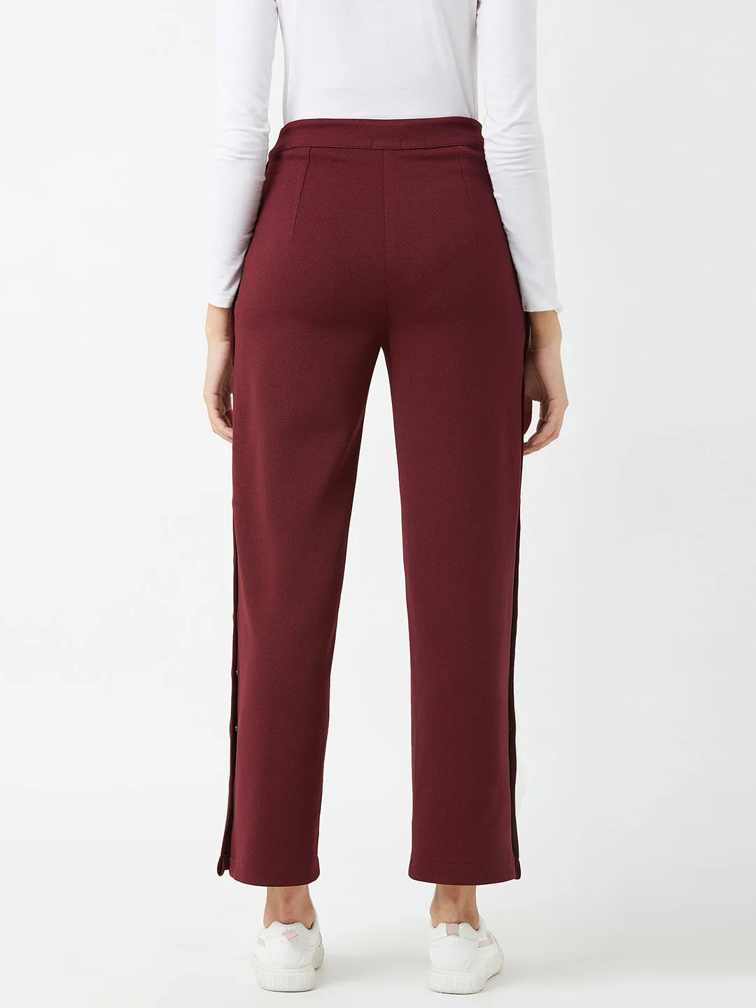 Crease Ease Women's Wine Red Solid Regular Fit Flared Parallel Trousers