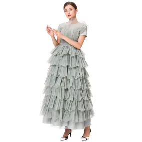 D132-1 Girls velvet short sleeves top pleated ruffle tiered tulle gown