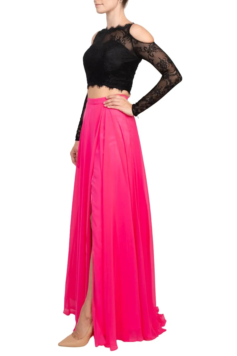 Dave & Johnny Scalloped Neck Cutout Shoulder Illusion Zipper Back Lace Bodice Chiffon Dress