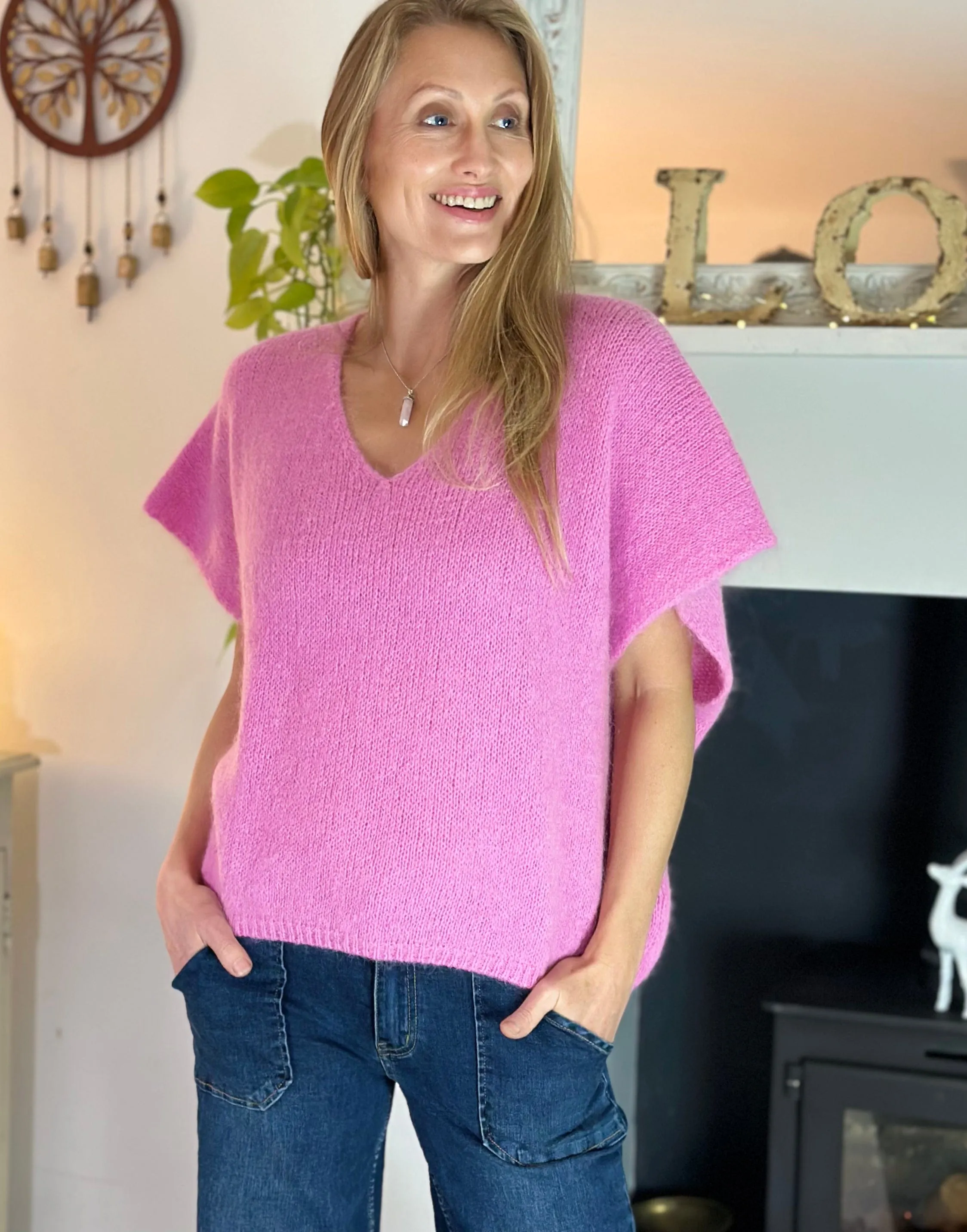 Drop Shoulder Mohair Tank Top - Bubblegum Pink