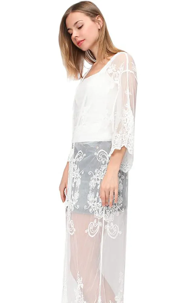 EAC9311 Lace Long Mesh Kimono