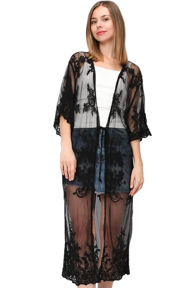 EAC9311 Lace Long Mesh Kimono