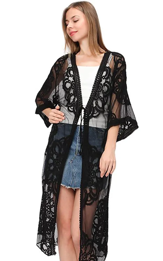 EAC9313 Lace Long Mesh Kimono