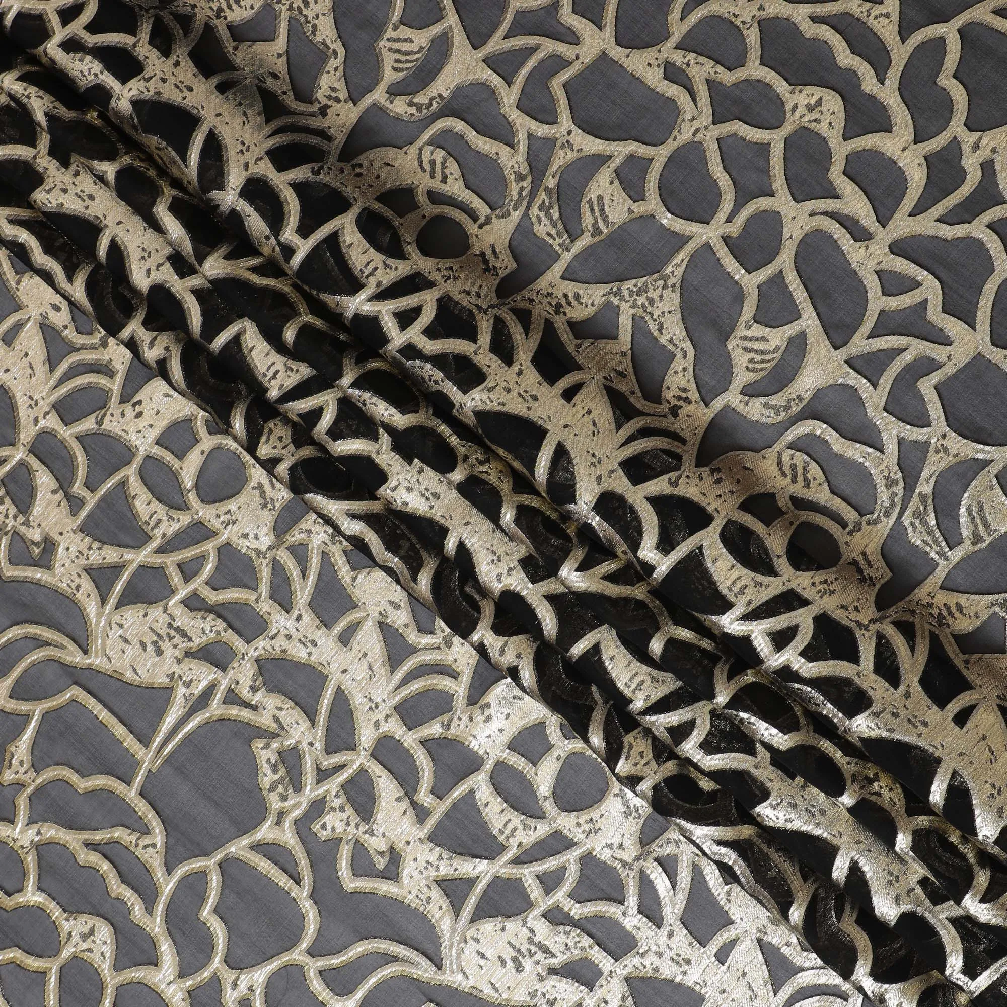 Elegant Black Silk Chiffon Fabric with Metallic Lurex, 110 cm Wide, South Korean Design-D19574