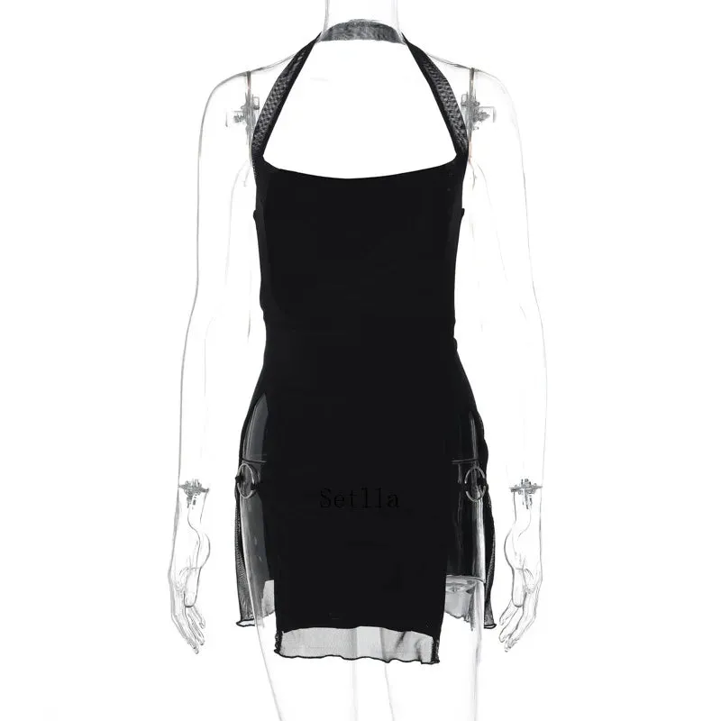 Elegant See Through Bodycon Mini Dress with Halter Neck and Mesh Sheer Split