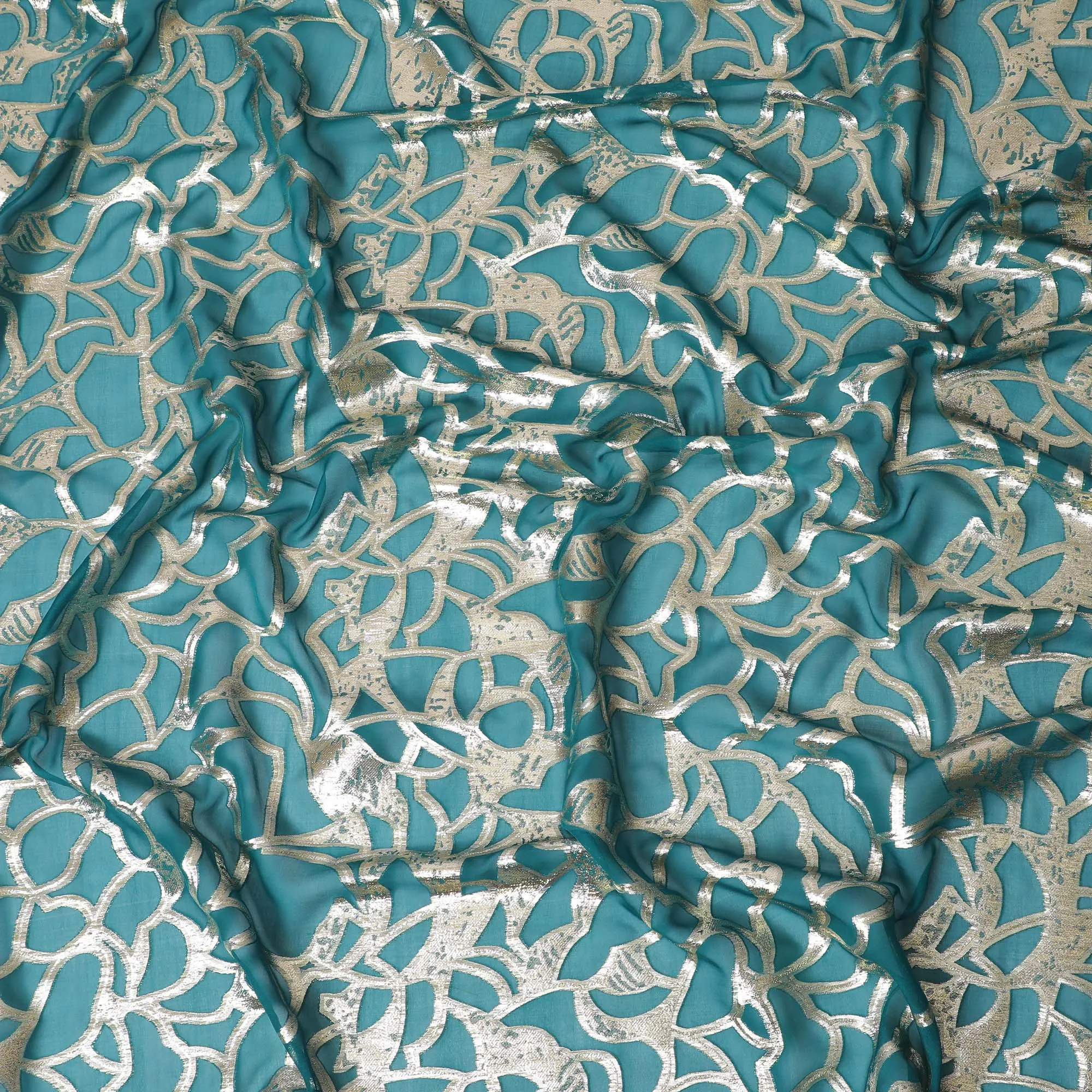 Elegant Teal Silk Chiffon Fabric with Metallic Lurex, 110 cm Wide, South Korean Design-D19572