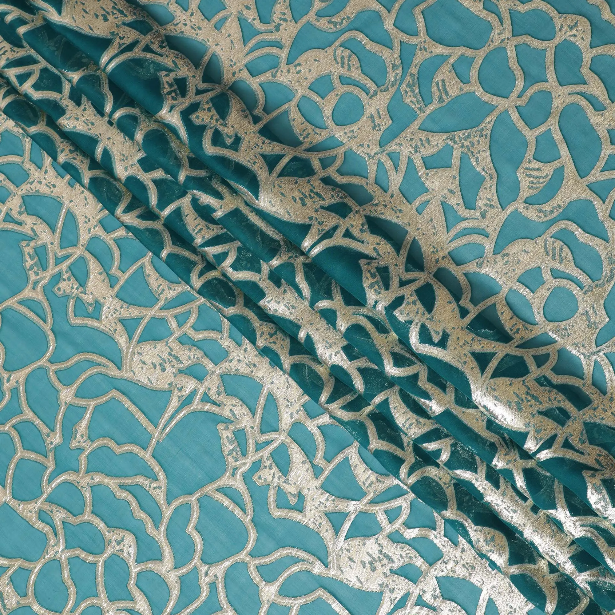 Elegant Teal Silk Chiffon Fabric with Metallic Lurex, 110 cm Wide, South Korean Design-D19572