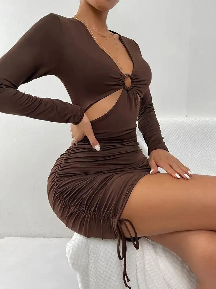 Elegant V Neck Long Sleeve Mini Hollow Out Bodycon Pleated Drawstring Dress