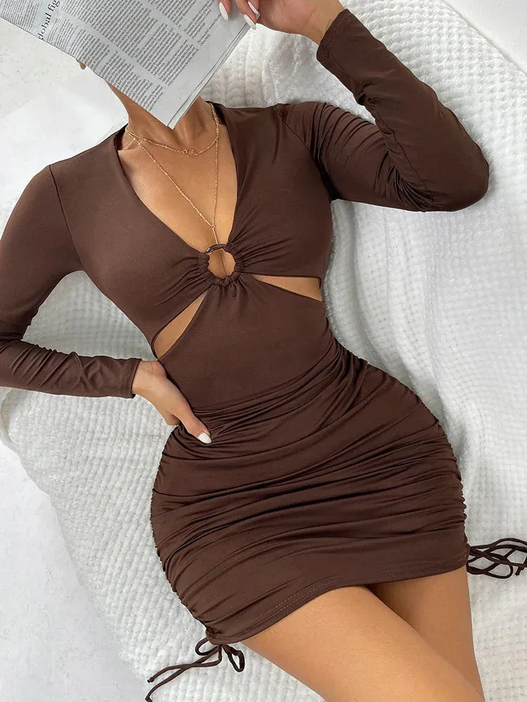 Elegant V Neck Long Sleeve Mini Hollow Out Bodycon Pleated Drawstring Dress