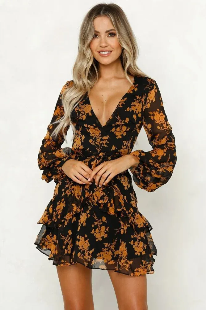 Fashionkova trending fall outfits 2024 Autumn Fashion Flower Print Long Sleeve Dress