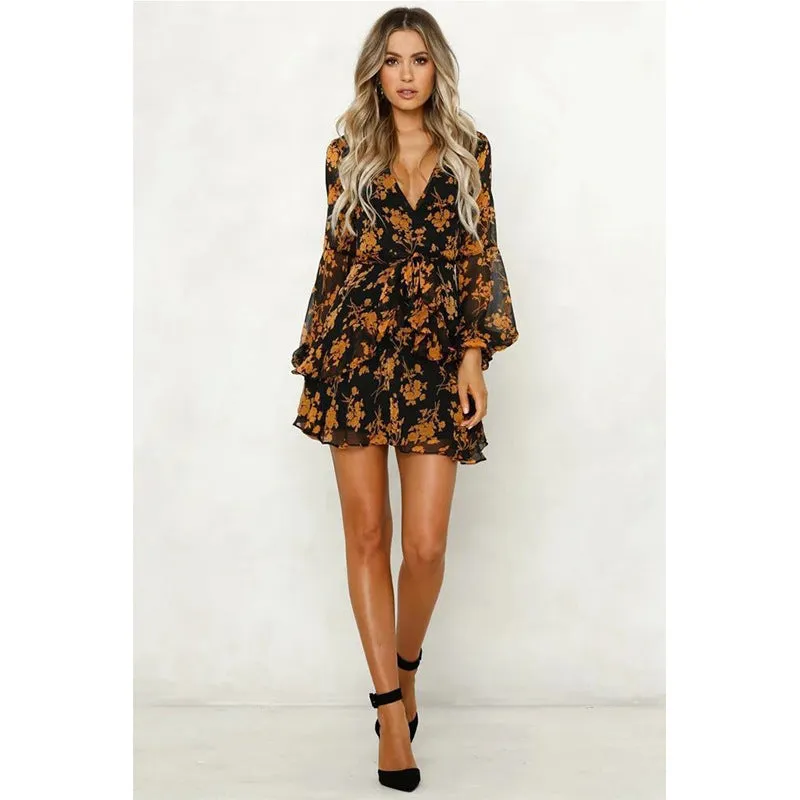 Fashionkova trending fall outfits 2024 Autumn Fashion Flower Print Long Sleeve Dress