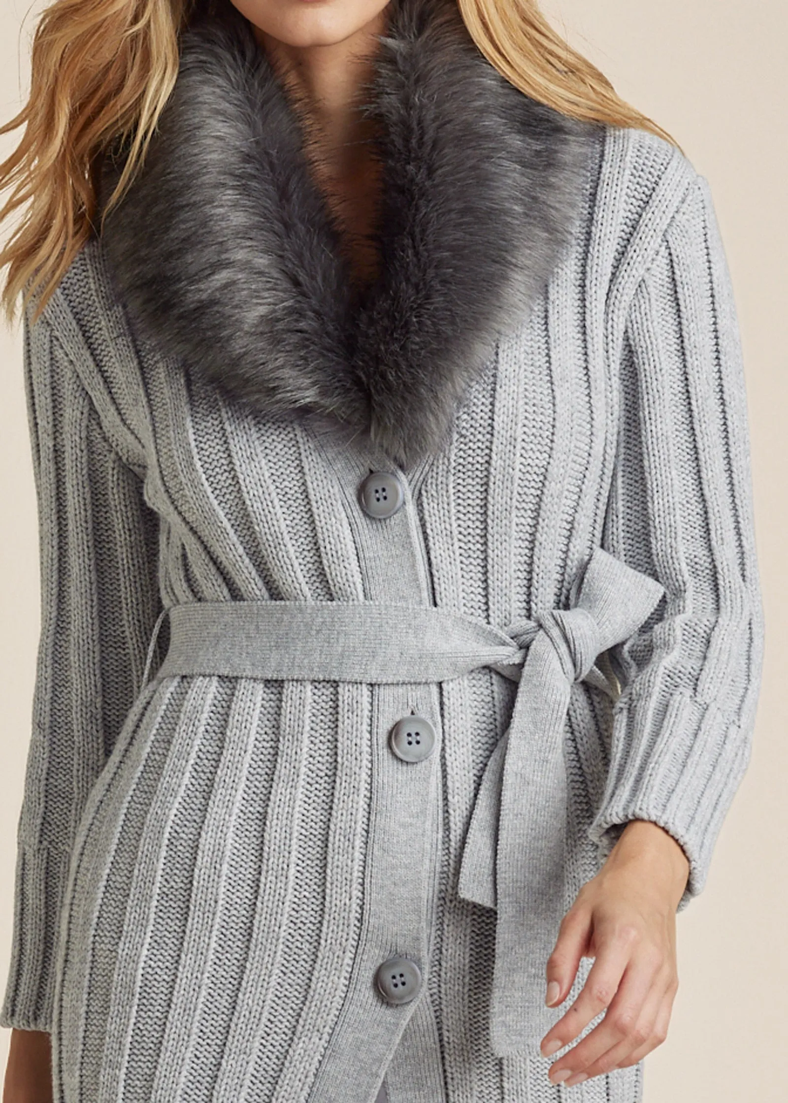 Faux Fur Collar Duster - Light Heather Grey