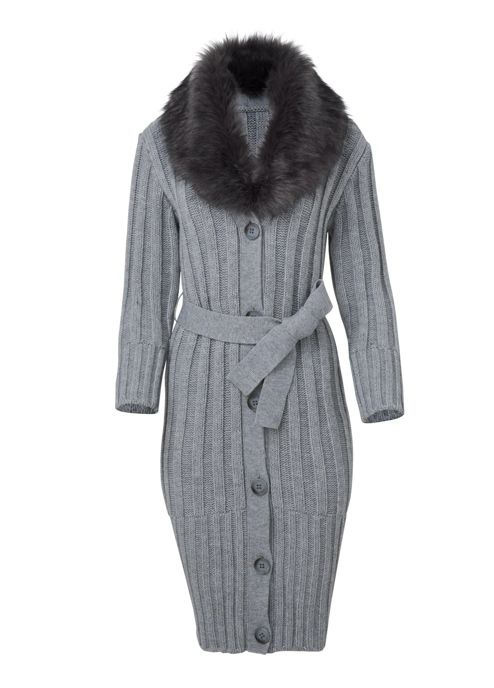 Faux Fur Collar Duster - Light Heather Grey