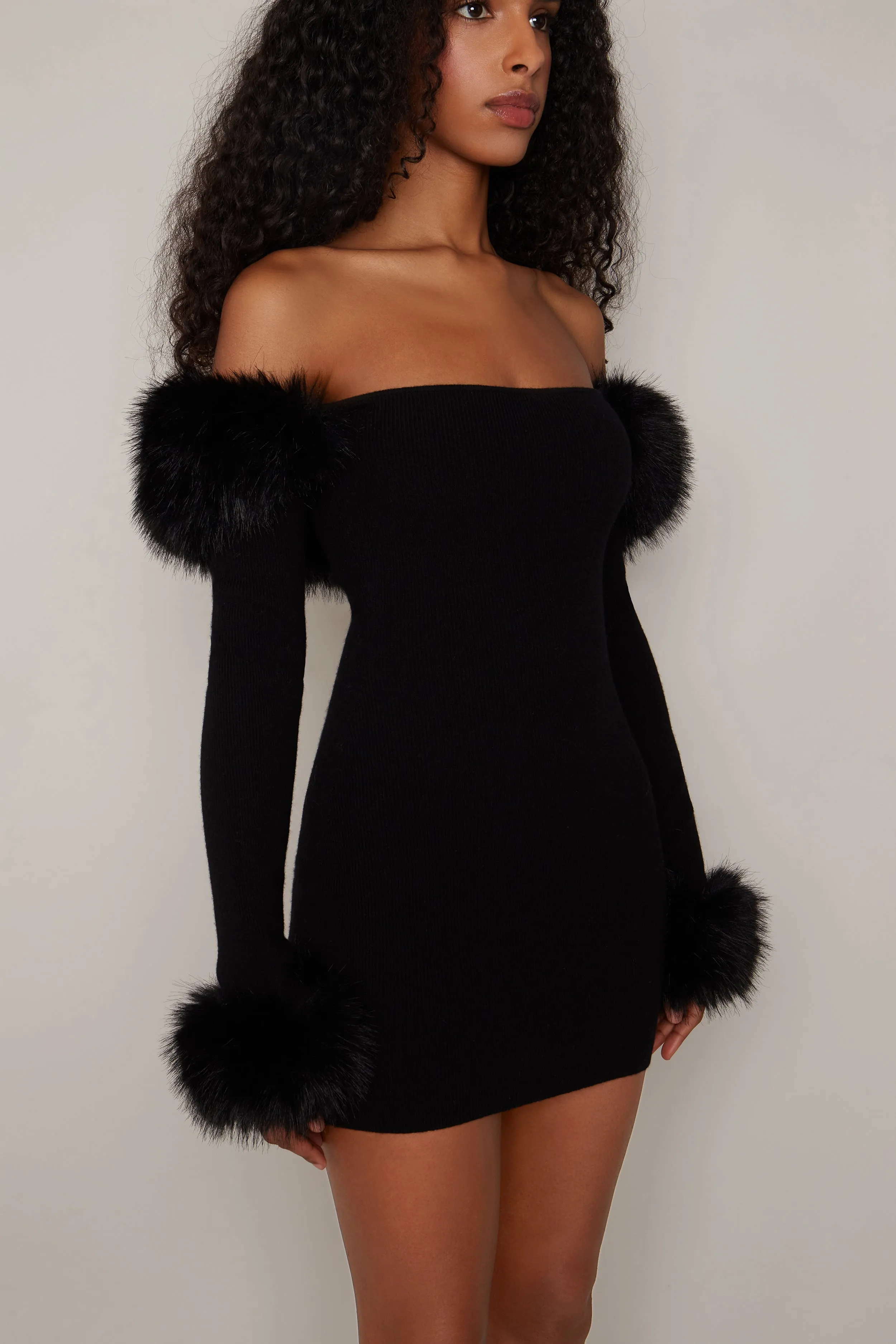 Faux Fur Off The Shoulder Mini Dress