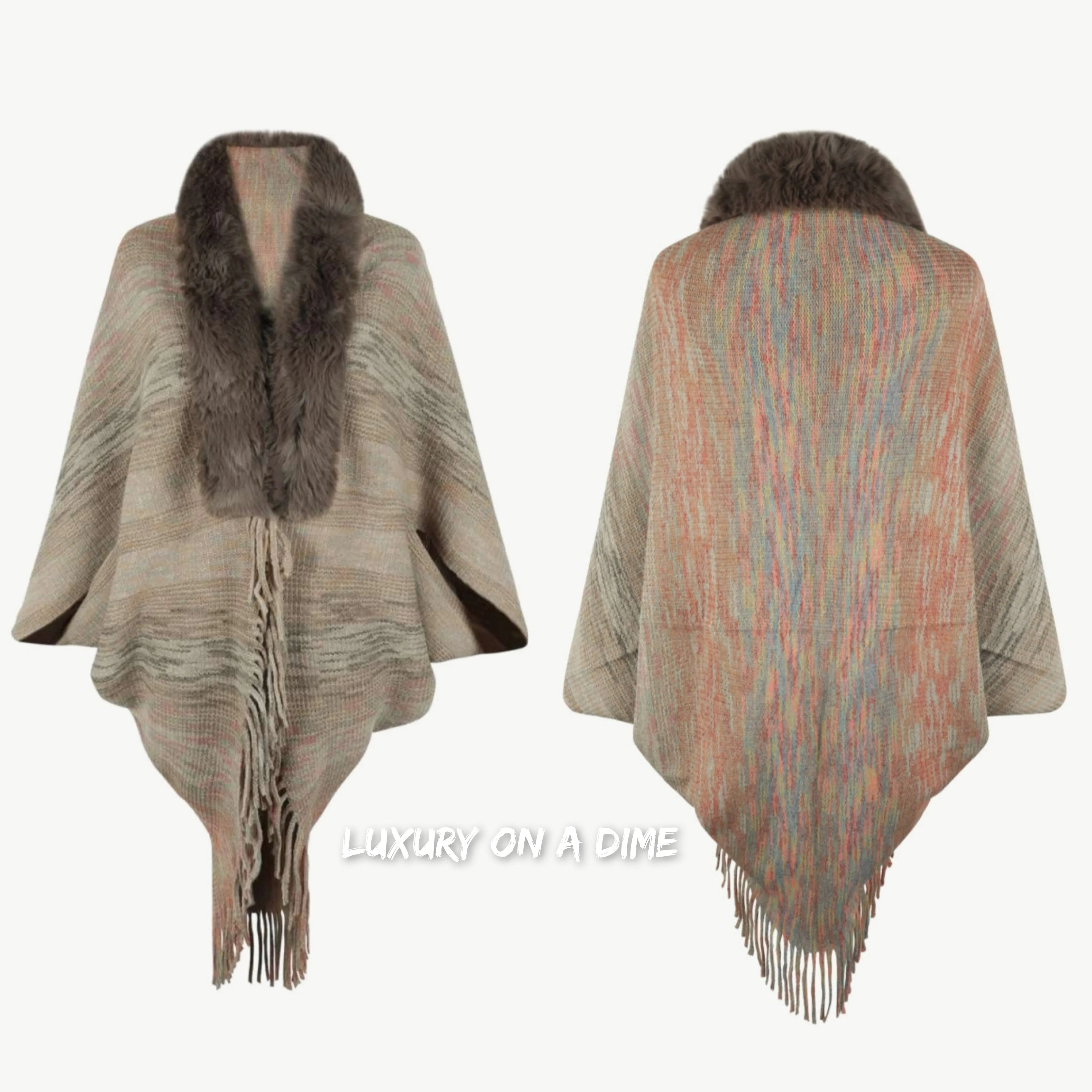 Faux Fur Retro Fringe Hem Open Front Shrug Colorful Knit Bolero Cardigan