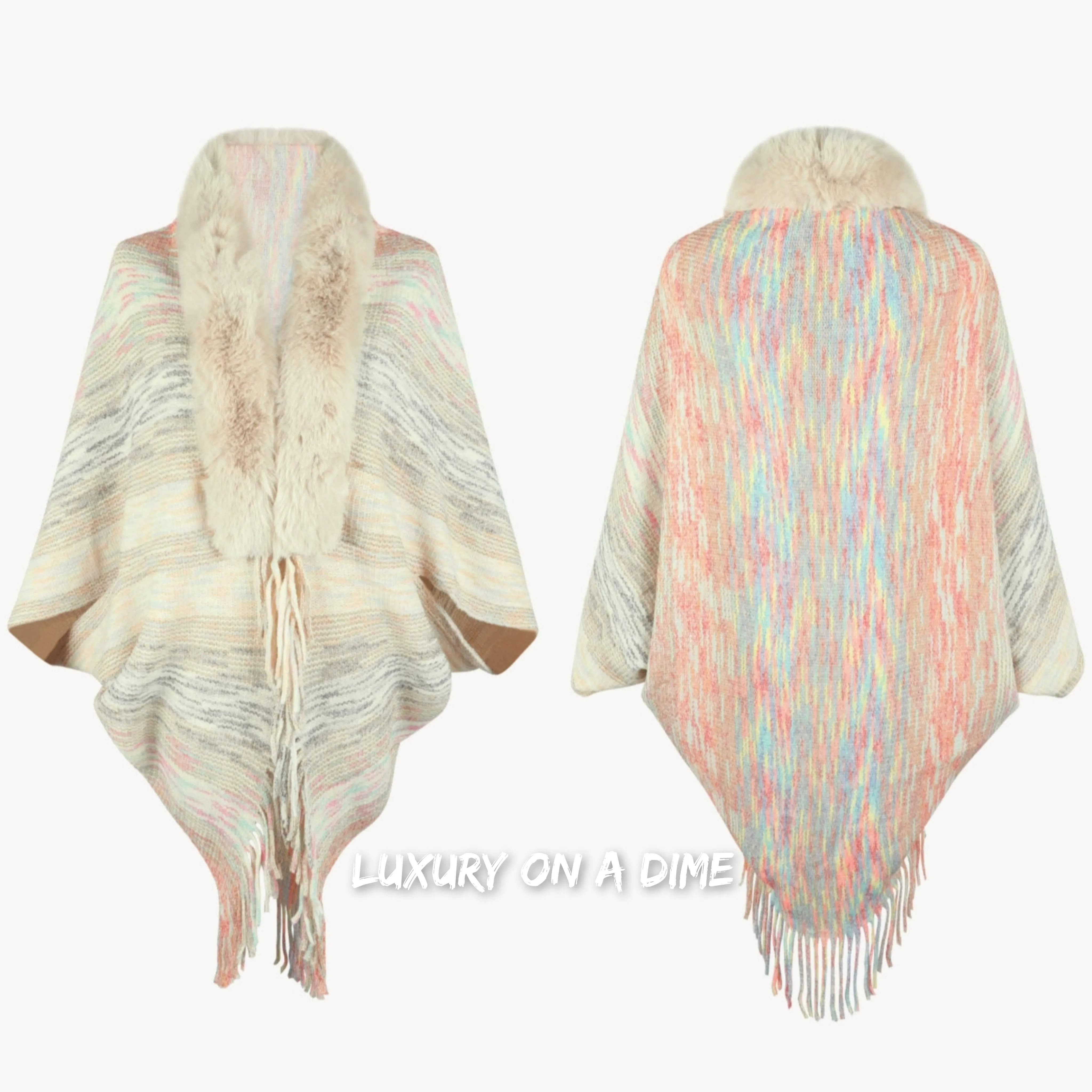 Faux Fur Retro Fringe Hem Open Front Shrug Colorful Knit Bolero Cardigan