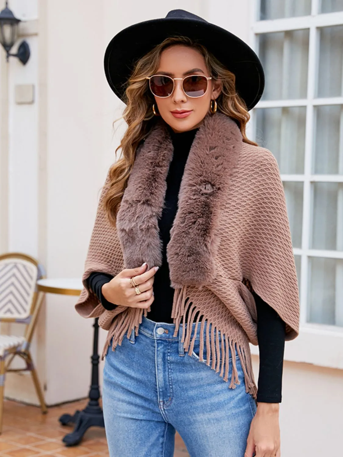 Faux Fur Retro Fringe Hem Open Front Shrug Knit Bolero Cardigan