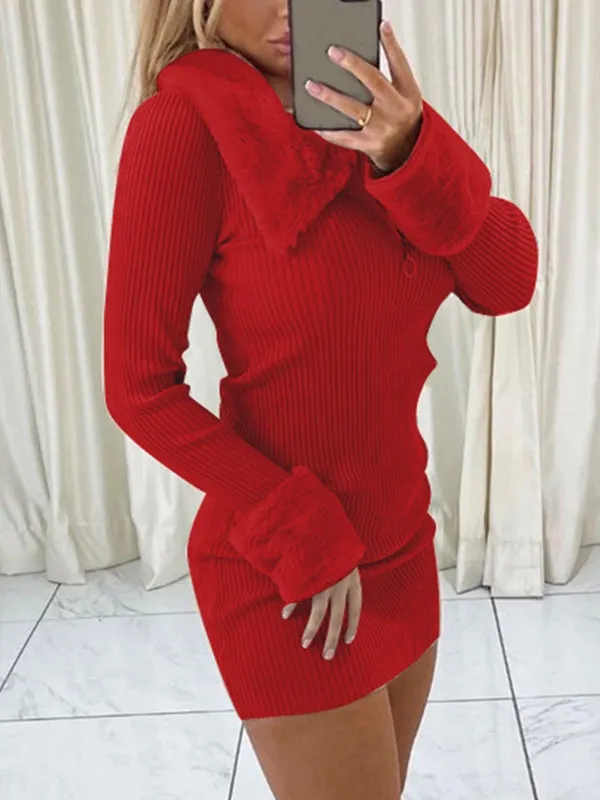 Faux Fur Trim Rib Modern Knit Long Sleeve Mini Dress