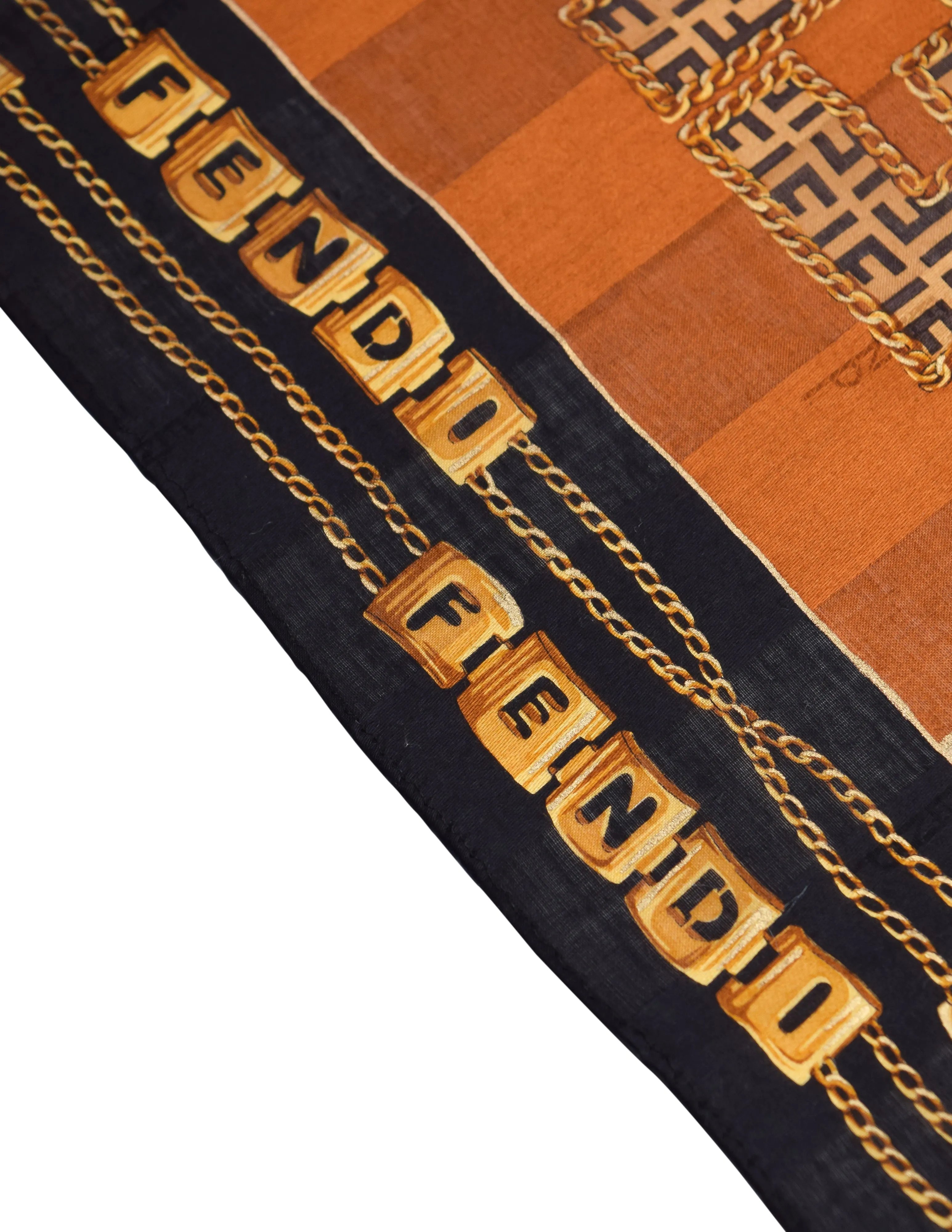 Fendi Vintage Zucca Monogram FF Logo Striped Chain Motif Black & Brown Cotton Scarf