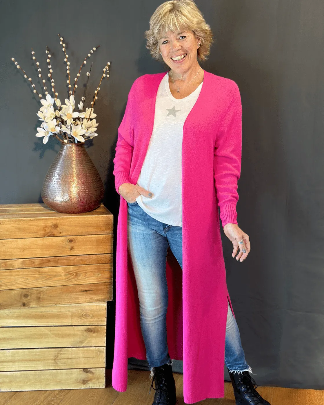 Fine Knit Long Cardigan - Fuchsia