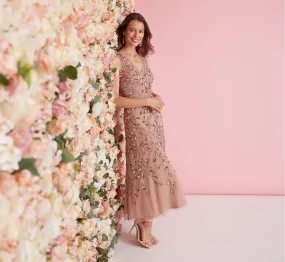 Floral Beaded Ankle Length Sleeveless Gown In Rose Gold