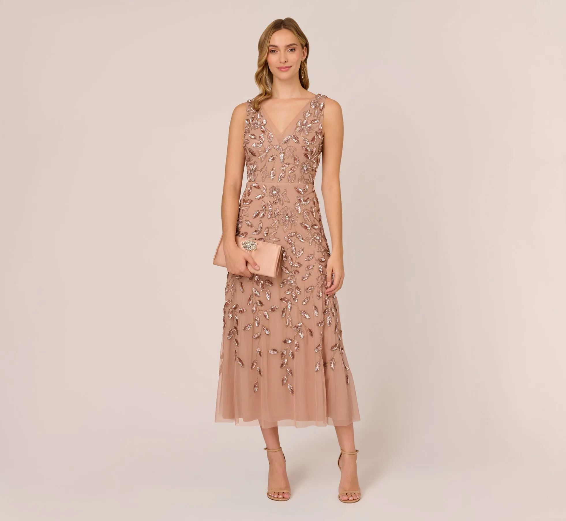 Floral Beaded Ankle Length Sleeveless Gown In Rose Gold